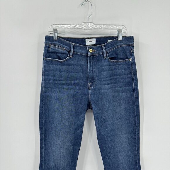 FRAME LE HIGH STRAIGHT JEANS stretch denim ankle high rise crop bestia blue 33 - Picture 3 of 8